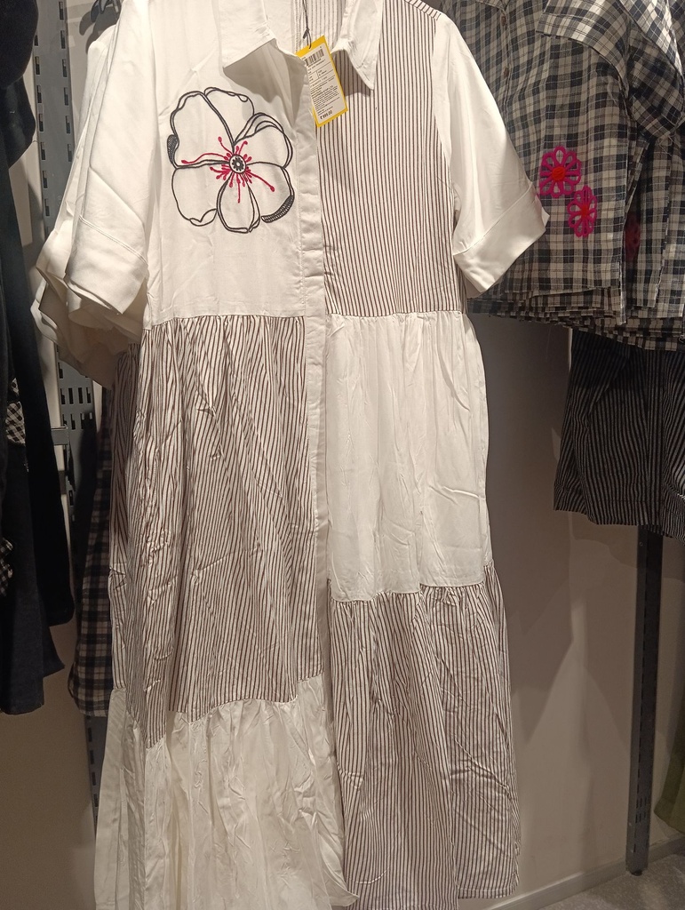 YLE Women's White Striped Floral Embroidered Shirt Dress