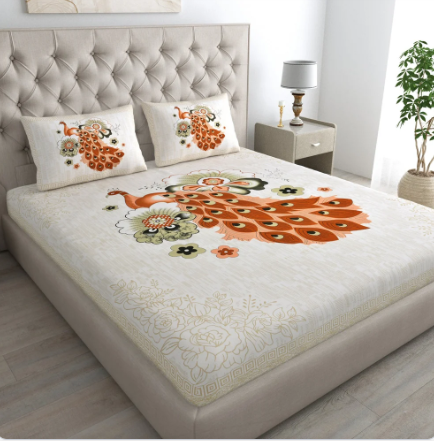Peacock Design Double Bedsheet Set with Pillow Covers